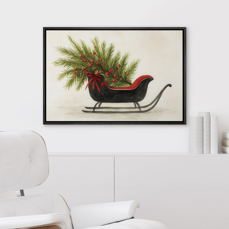 «Festive Holly & Red Bow Sleigh Holiday», reproduction d'art sur toile encadrée dans la chambre principale, Noir