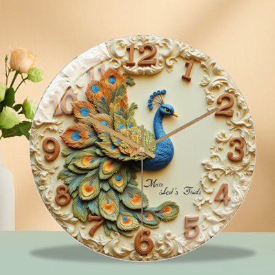 Peacock Design Elegant Wall Clock Decorative Home Art - 12'' Modern Glass Wall Clock