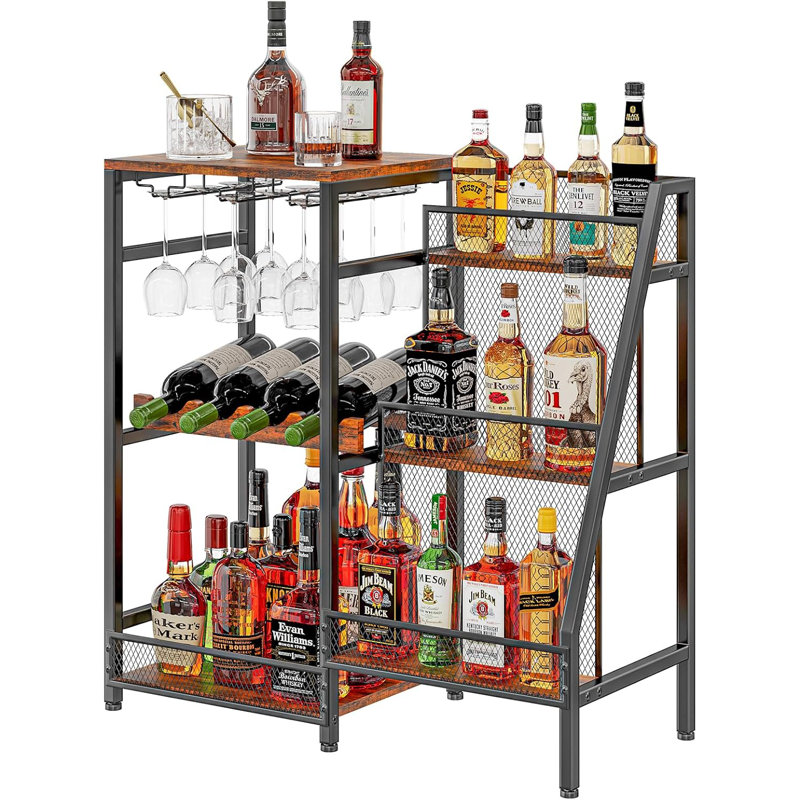 Mini Bar Table  3-Tier Trapezoidal Liquor Bottle Display Shelf with Glass Holder and Fences