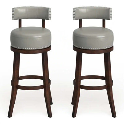Sherly Set Of 2 Bar Stools With 30-Inch Swivel, Oak Solid Wood And Leatherette For Comfortable Dining