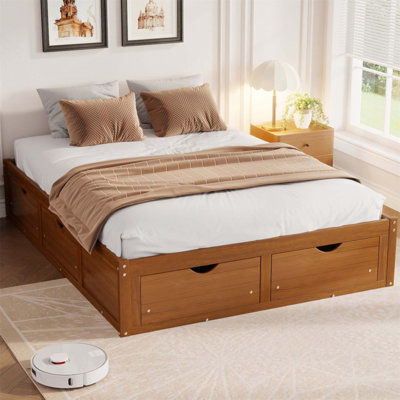 Queen Size Solid Pine Wood Storage Platform Bed with 6 Drawers, Durable and Space-Saving Design(Without Mattress)