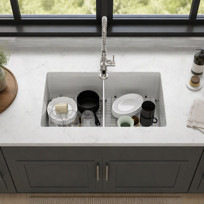 Undermount Double Bowl Porcelain Ceramic Kitchen Sink, Dual Mount White Ceramic Rectangular Deep Double Bowl Sink Basin