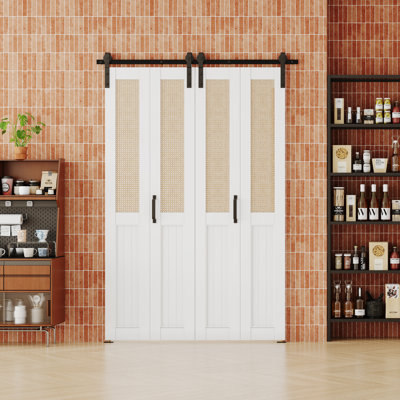 Bi-Fold Sliding Barn Door, Cane Webbing Panel With Sliding Hardware Kit Set, Finished Closet Door Double Slab