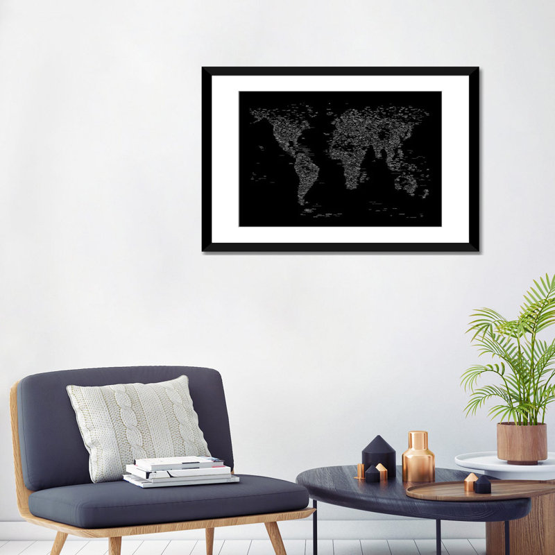 «Font World Map» par Michael Tompsett, impression sur toile tendue, Papier d'art encadré noir, Blanc
