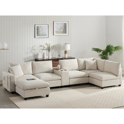 140'' Oversized Modular Sectional Sofa With Movable Storage Ottoman And Console,Removable Storage Pockets,Cup Holder,Wide Seat,USB Charger,6 Seat U Shaped Chenille Couch For Living Room