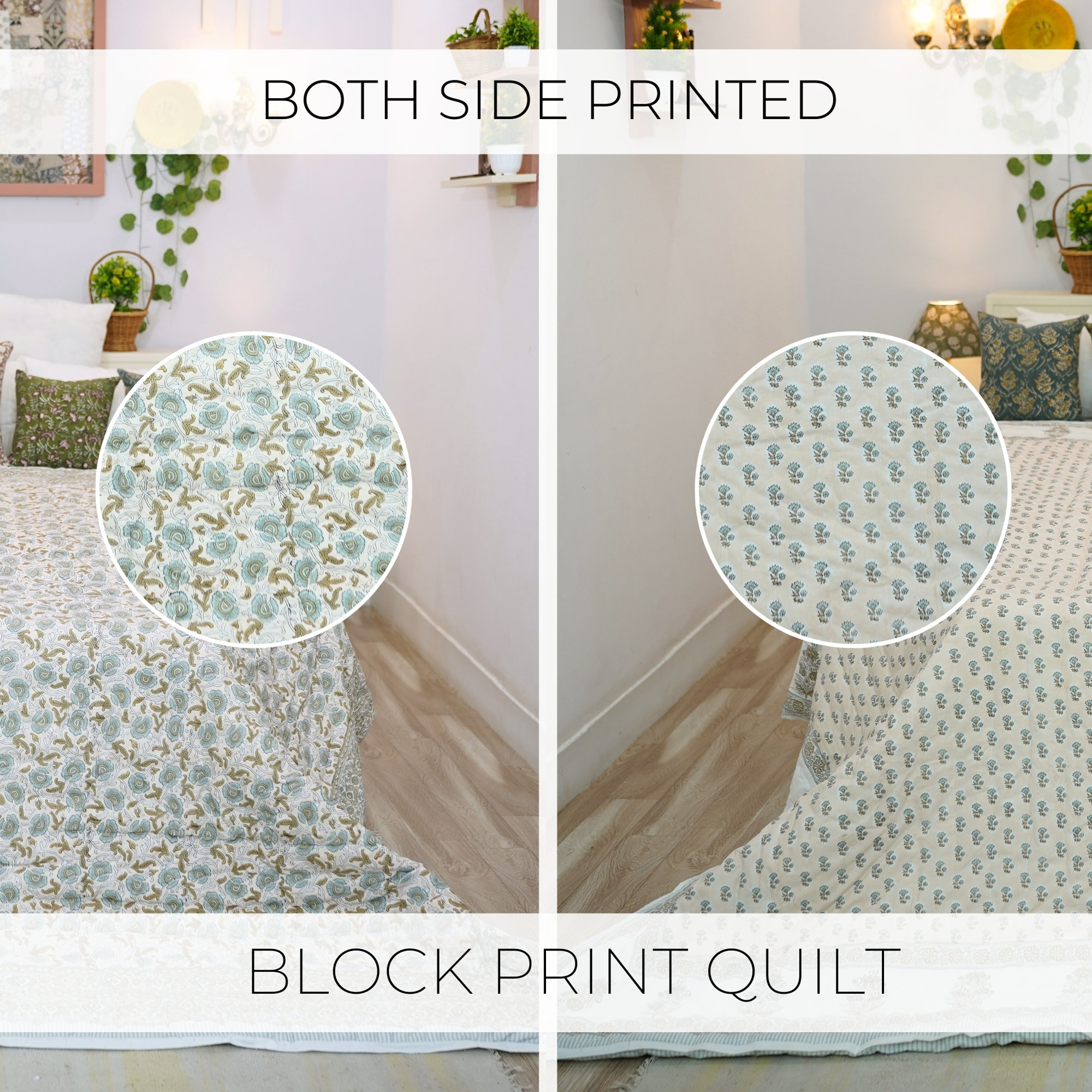 Fabdivine Luxury Block Print Cotton Quilt Floral Boho Bedding for Bedroom & Sofa, King Us, Green/Brown/White