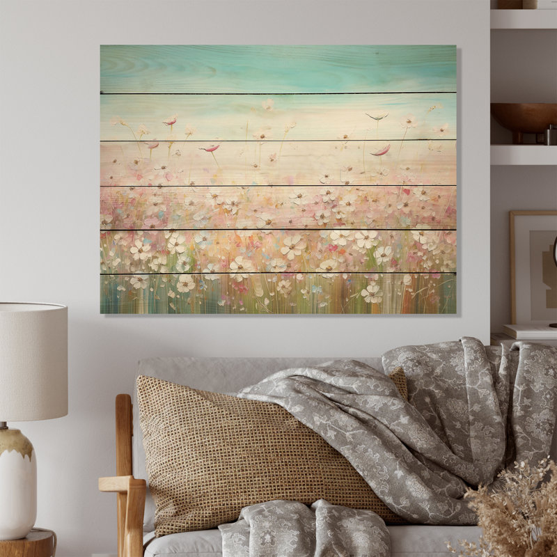 Fleurs sauvages Meadows I - champ de fleurs, art mural sur bois de pin naturel, H 24 po x l 32 po