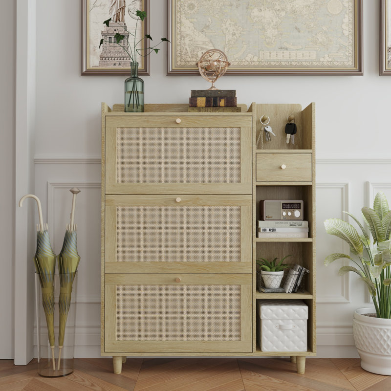 Armoire à chaussures Natural Bohemia, armoire à chaussures avec 3 tiroirs rabattables en rotin, Bois naturel
