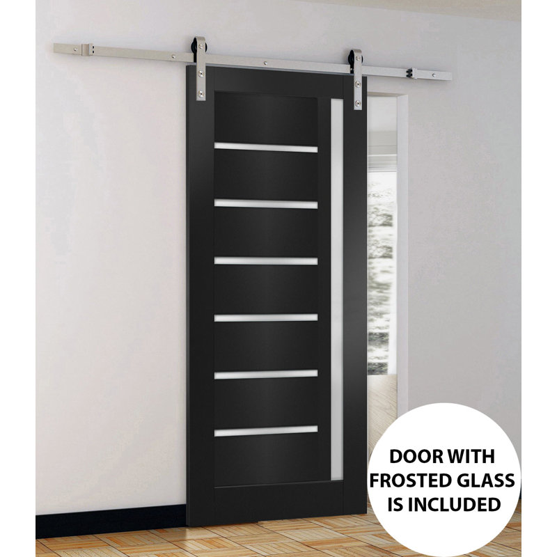 Porte de grange robuste Quadro 4088 Noir mat avec verre dépoli, rail de 2 m (6,6 pi), quincaillerie robuste, portes intérieures à panneaux pleins - 81 cm x 213 cm (32 po x 84 po) - Rail argenté