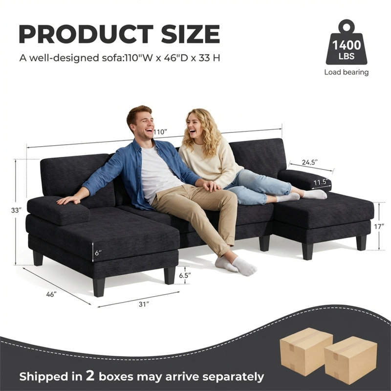 Modular U-Shaped Sectional Sofa, 4-Seat Convertible Couch, Modern Corduroy Upholstered Sofa Furniture, Black