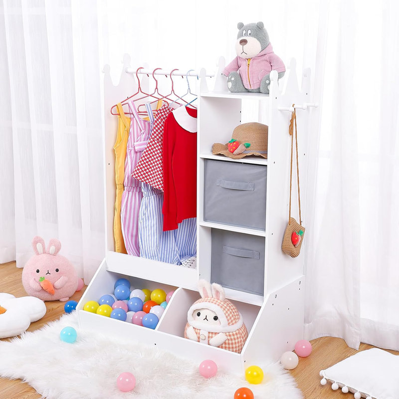 Kids Wardrobe Closet With Mirror, Girl Dress Up Storage, Open Hanging Costume Organizer Costume Wardrobe for Kids Pretend Storage Closet, Pink