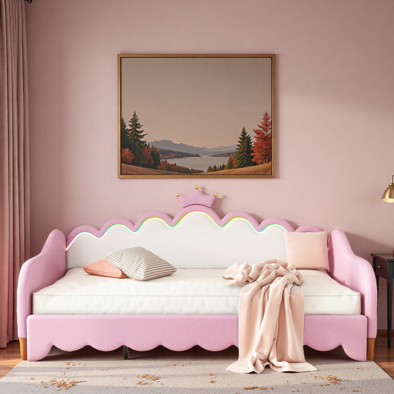 Lit de jour extensible rembourré avec lumières à DEL et tête de lit couronne, Rose