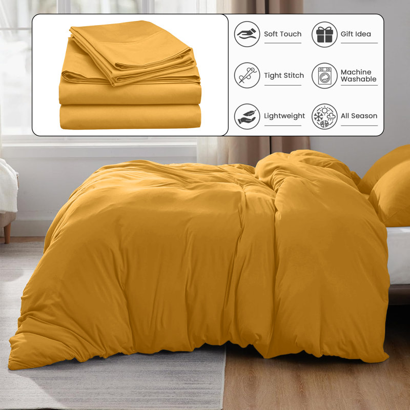 300TC Microfiber Duvet Cover Set – Reversible Luxury 3-Piece, Mustard/Ocher, Double Duvet Cover + 2 Standard Pillowcases