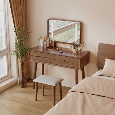 Coiffeuse de maquillage en bois massif, miroir amovible, éclairage réglable, équipé de trois tiroirs