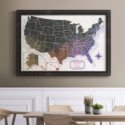 «Push Pin Travel Map - Vintage USA Map», reproduction d'art sur toile encadrée