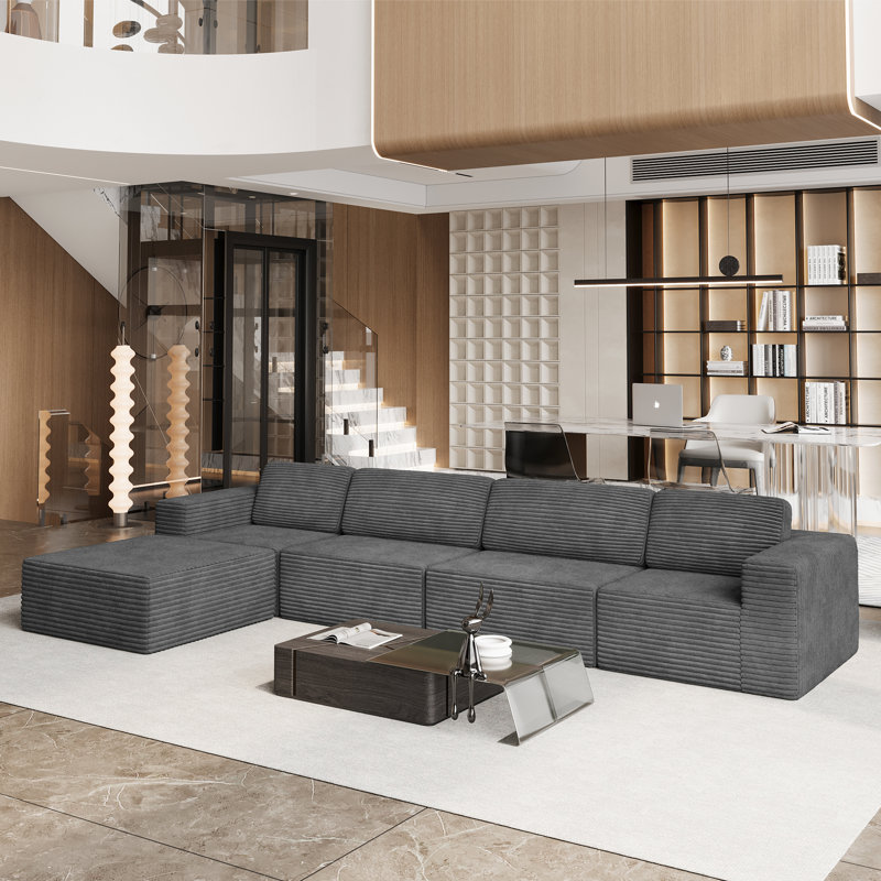Modular Corduroy 404cm 4-seater Sofa With 1 Ottoman, No Assembly Required, With High Rebound Sponge, Grey