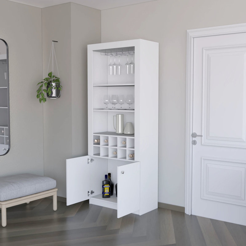 Armoire à vin avec 3 tablettes pour accessoires et bouteilles - Unité fonctionnelle de bar et de cave luxueuse, Blanc