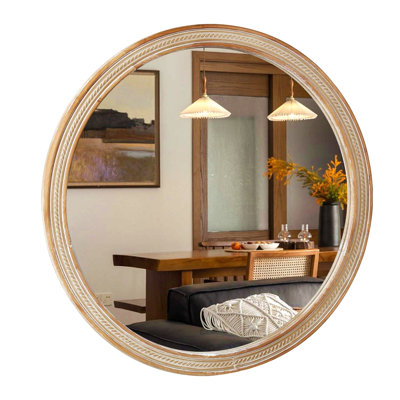 Round Decorative Wall Mirror With Woven Rattan-Textured Frame (23.62"), Rustic Modern Accent Mirror