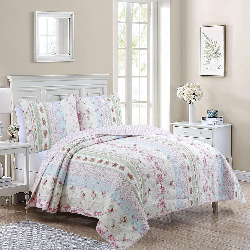 Modern & Contemporary Cotton Floral Quilt, Queen Quilt + 2 Standard Shams