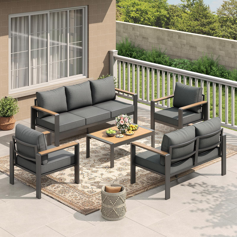 5-Piece Aluminum Patio Conversation Set with Thick Cushions & Coffee Table – Ideal for Porch, Deck, or Yard, Gray