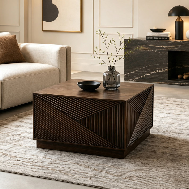 Table basse carrée, H 15,35 po x l 27,56 po x P 27,56 po, Noyer