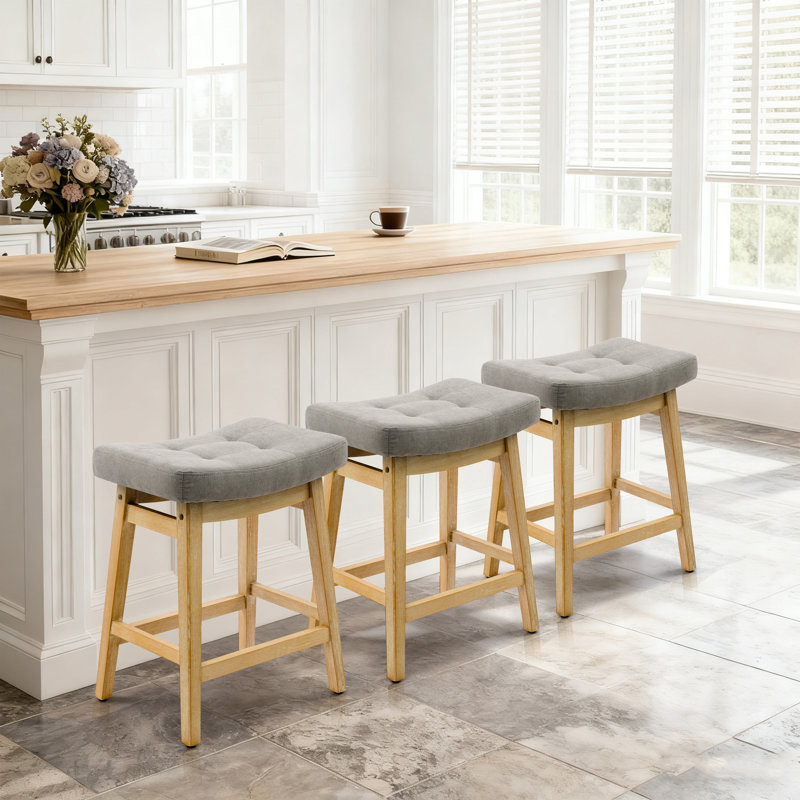 Tabourets de bar extra larges 19,7 po,  Siège en lin gris / structure en bois