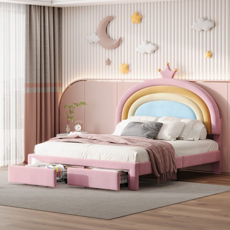 Adame Upholstered Rainbow Design Bed, Velvet Princess Platform Bed with Storage Drawer, Pink, Full