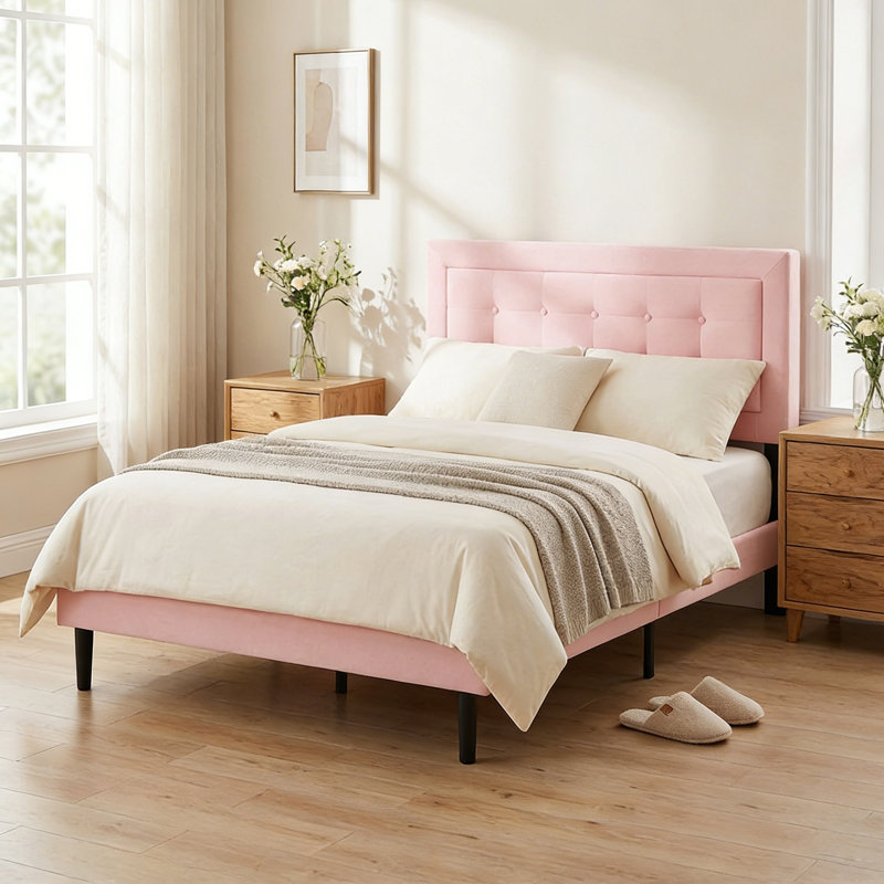 Structure de grand lit plateforme avec tête de lit tapissier et support à lattes de bois, aucun sommier tapissier requis, rose