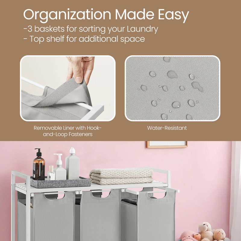 Laundry Hamper with 3 Pull-Out and Removable Bags, Dove Gray / Cloud White