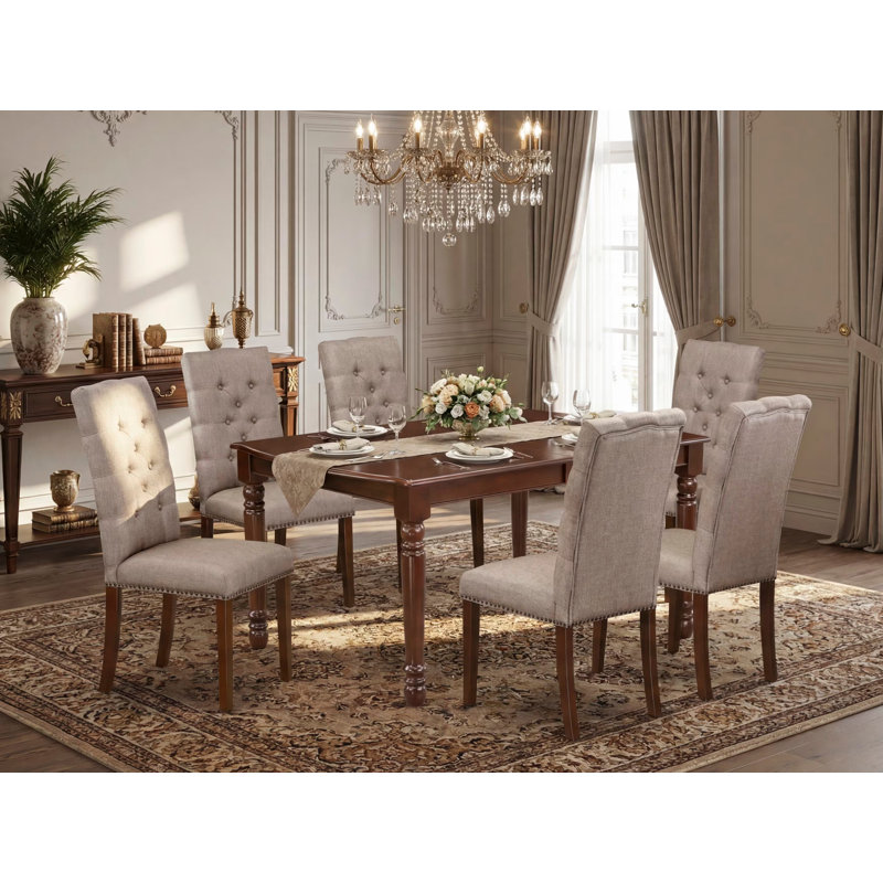Ensemble de salle à manger Sellars, 7 pièces : 1 table, 6 chaises, Acajou, Kaki foncé