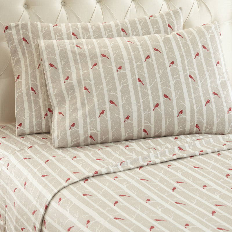 Taupe and Red Cotton Polyester Flannel Full Sheet Set