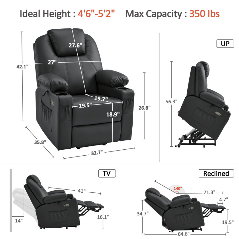 Caliah Small Power Lift Recliner Chair Sofa with Massage and Heat for Elderly, 3 Positions, 2 Side Pockets and Cup Holders, USB Ports, Faux Leather
