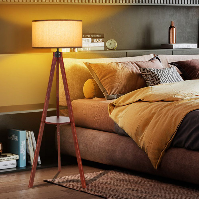 Brown Rubber Wood Tripod Floor Lamp with Linen Shade and Shelf