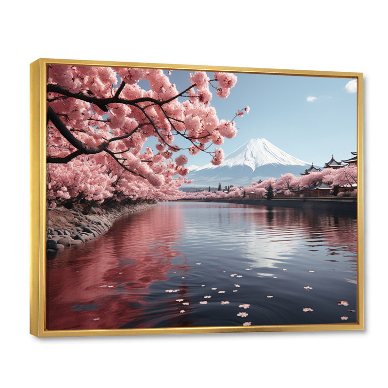 Japon Art Pink Mount Fuji V - Japan Art Canvas Prints, H 16 po x l 32 po x P 1 po, Cadre flottant doré