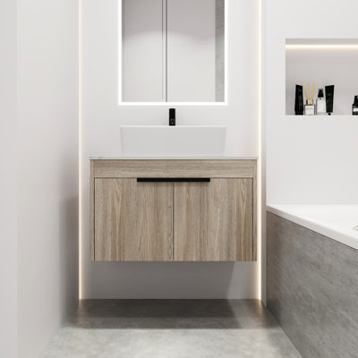 Wall Mounted Bathroom Vanity With Ceramic Basin - 30" Modern Design In White Oak, Door, Spacious Storage Oak Basin, Gently Close Considerable Space For