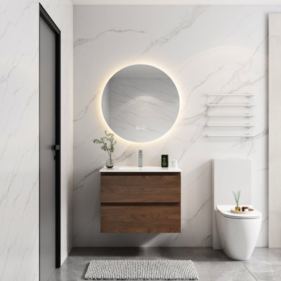 Meuble-lavabo moderne de 24 po avec lavabo en céramique et 2 glissières à fermeture silencieuse. Fixation murale, fermeture en douceur des tiroirs. Attrait contemporain, construction