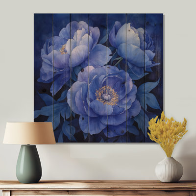 Midnight Blue Peonies Bouquet III - Peonies Wood Wall Decor - On Natural Pine Wood