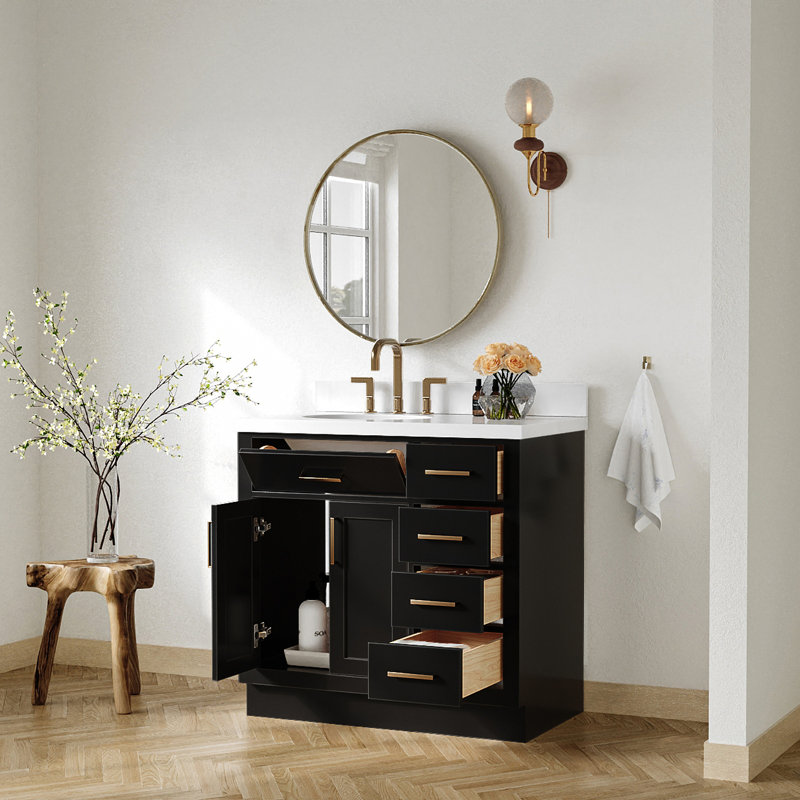 Meuble-lavabo simple en bois massif 36 po Tidworth avec plateau en quartz 1,5 po, Noir/laiton, Ovale, Gauche