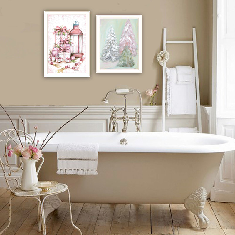 Rehaussez le décor de votre maison avec 2 impressions murales: arbres de Noël roses, cadre blanc, bois et papier de qualité, créé pour donner un nouveau look