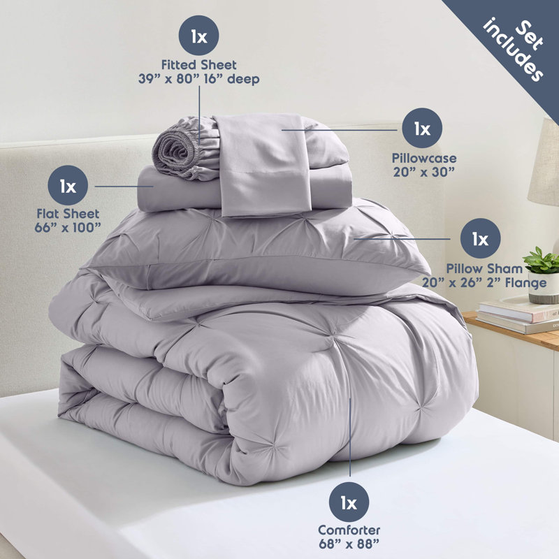 Bed-in-A-Bag Pleated Comforter Set with Bed Sheets, Gray Lavender, Twin Extra Long Comforter + 4 Additional Pieces