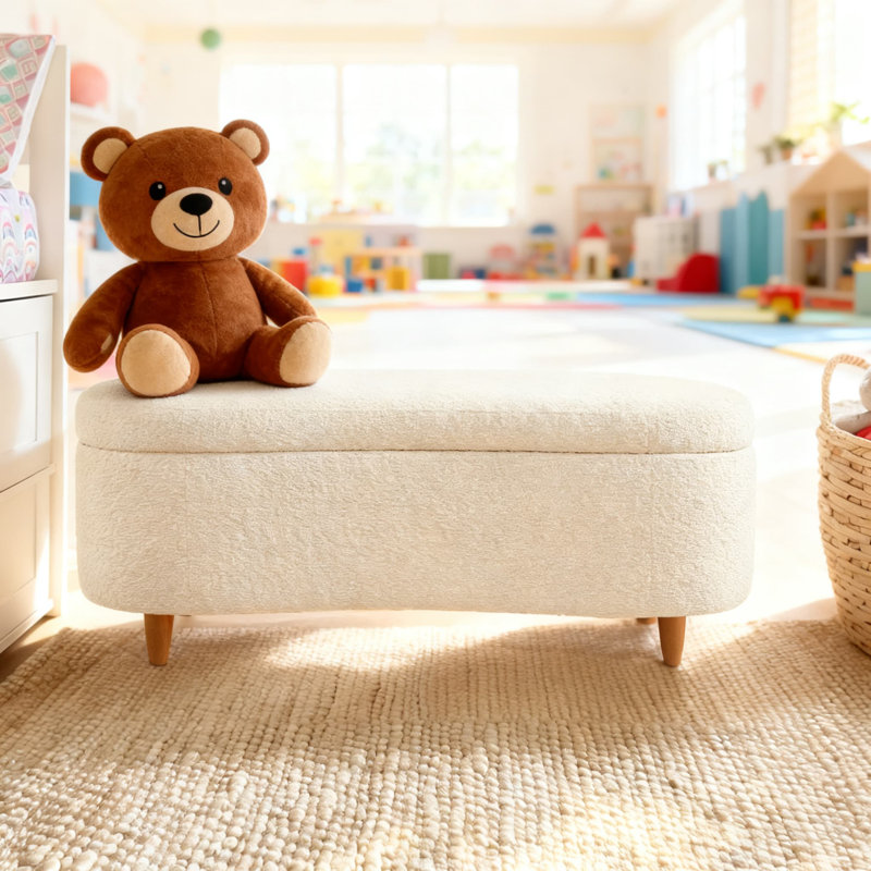Banc de rangement incurvé avec couvercle rabattable et revêtement en tissu doux pour la chambre à coucher et le vestibule