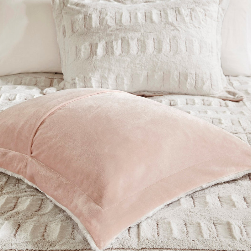 Édredon blanc en fourrure longue avec 2 taies décoratives pour grand lit, Édredon pour grand lit + 2 taies décoratives, Blanc