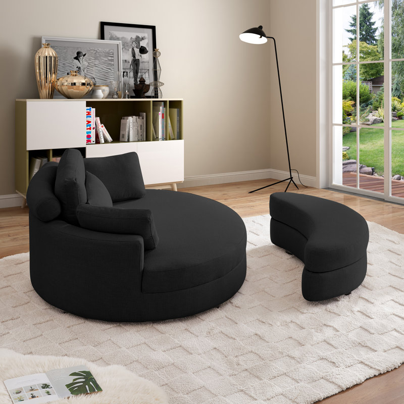 Dashton Upholstered Barrel Chair with Ottoman, Black Linen