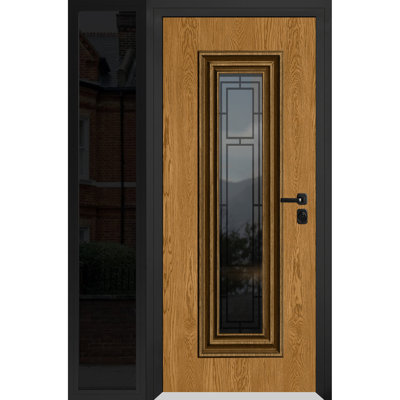 Front Exterior Prehung Steel Door / Ballucio 6644 Natural Oak / Side Exterior Window Sidelite / Entry Metal Modern Painted W36+12" x H80" Left hand Inswing