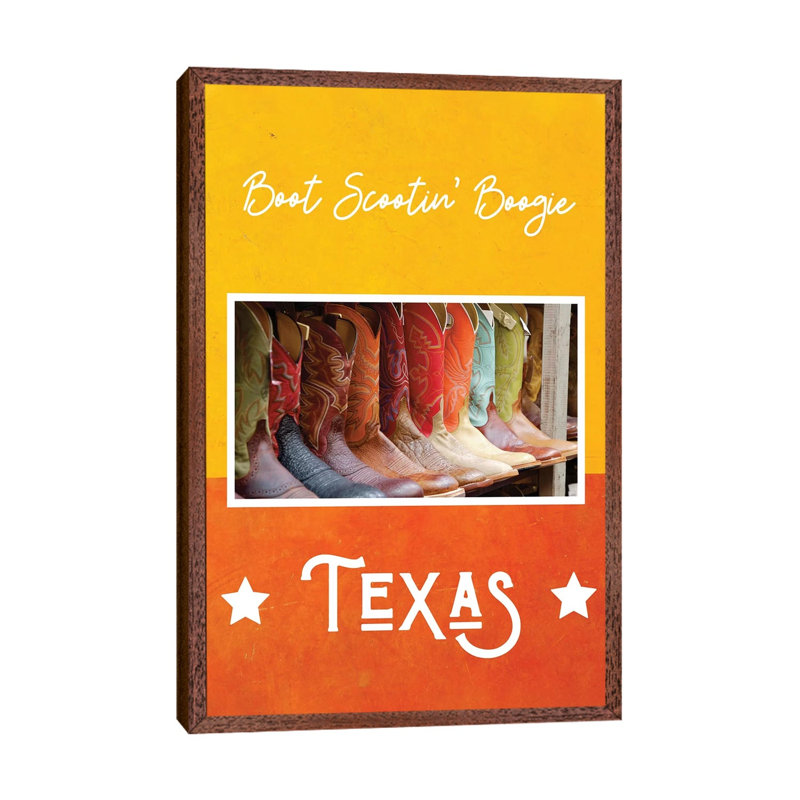 Boot Scootin' Boogie - Texas - Print on Canvas, 66.04 cm H x 45.72 cm W, Classic Brown Wood Framed