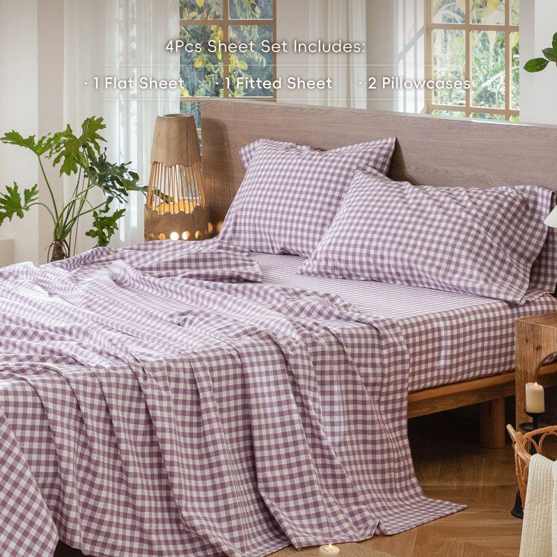 Ensemble de draps 100% coton lavé MooMee, Ensemble de draps pour grand lit avec 2 taies d'or, Mauve clair