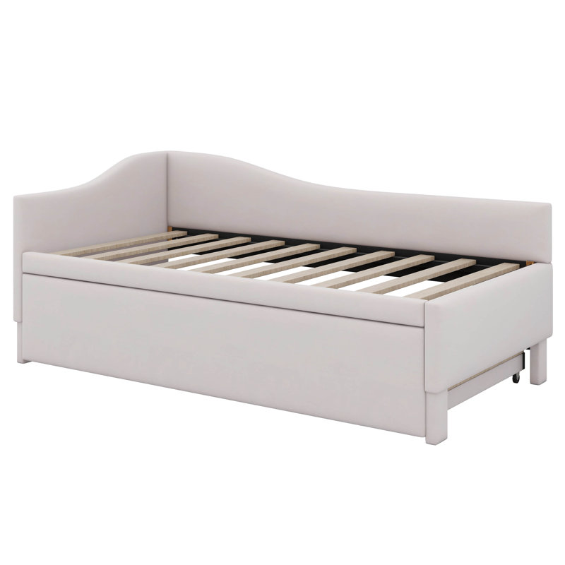 Twin Size Daybed With Pop Up Trundle, Linen Upholstered Day Bed Frame With Wood Slats,Extendable Trundle Bed,Twin To King Design
