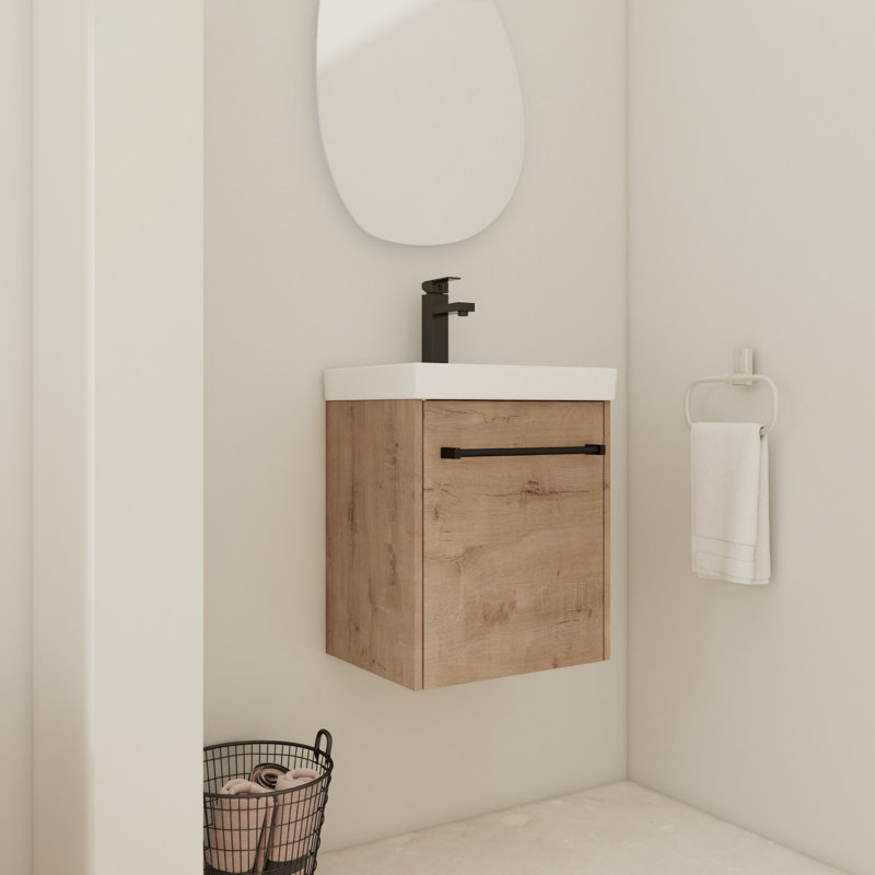 Meuble-lavabo flottant mural avec lavabo en céramique, Brun