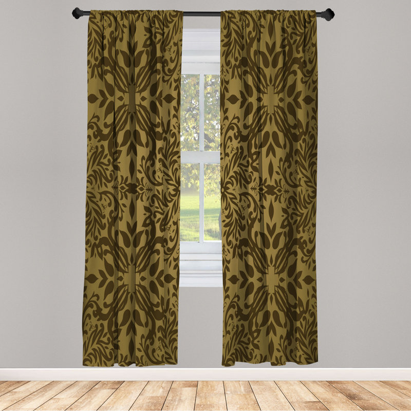 Microfiber Floral Semi-Sheer Rod Pocket Curtain Panels, 28" W x 95" L, Clay Brown/Djon Yellow