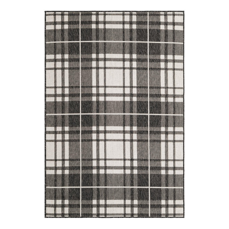Tatasha Plaid Power Loom Polypropylene Plastic Indoor/Outdoor Area Rug in Black/White, Rectangle 4'1" x 6'1"